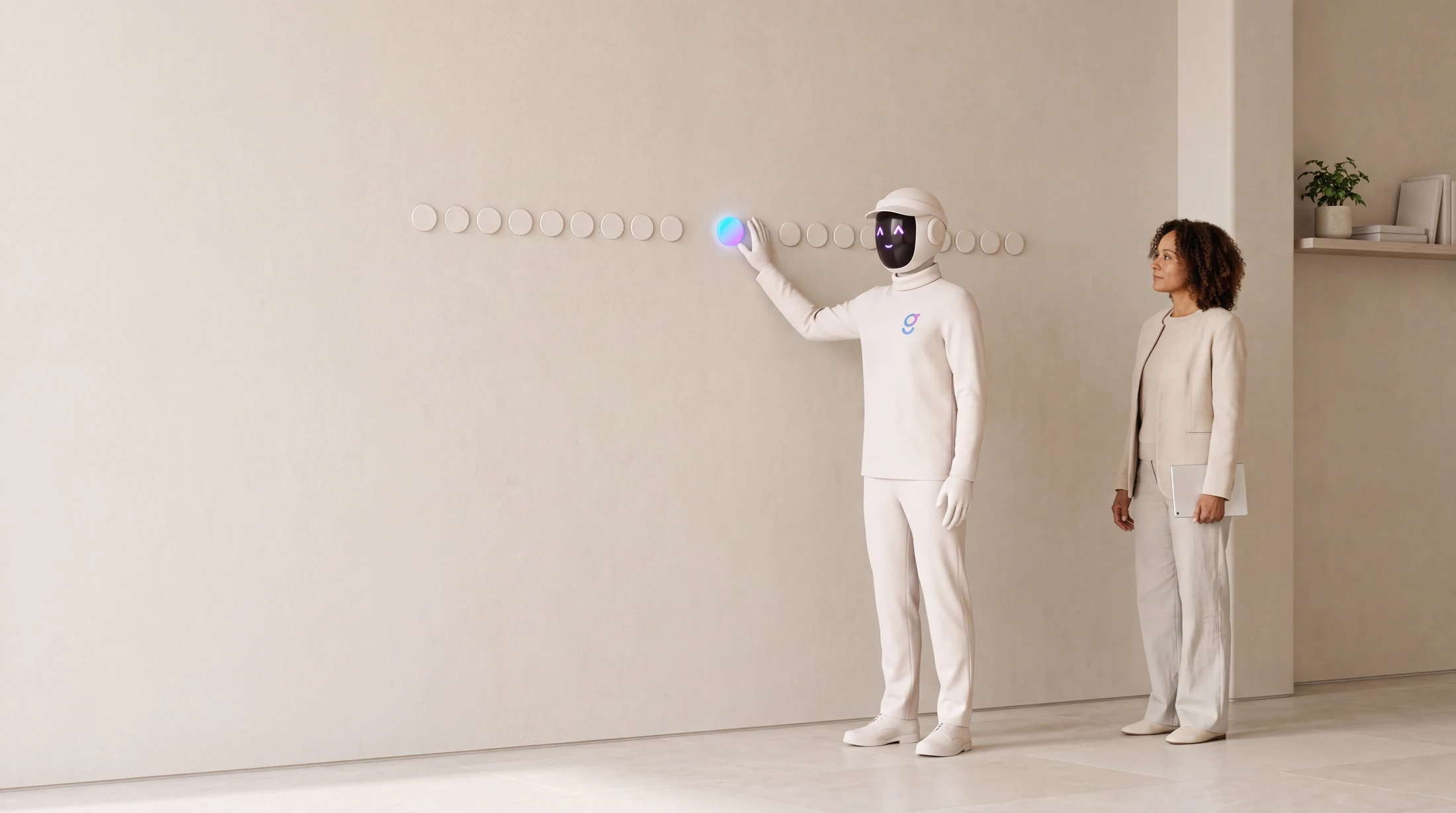 A customer success manager watching while the graph8 agent lifts one account out of a long row of markers set into the wall.