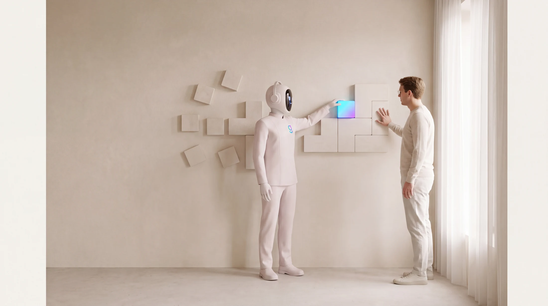 A graph8 agent setting the last piece into an assembly on the wall while a developer stands at the same wall with a hand on the finished part, building alongside it.