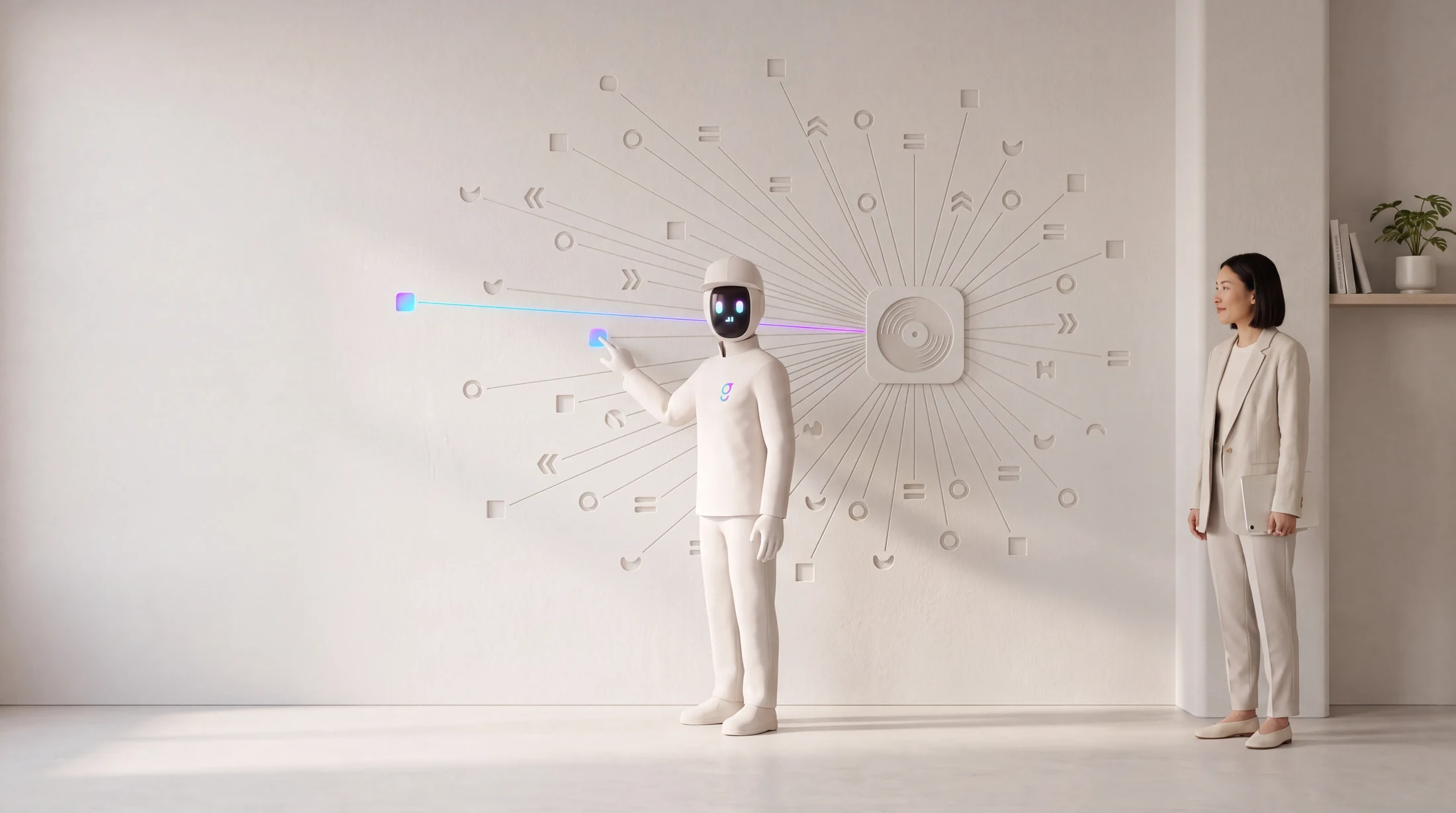 Dozens of scattered touch marks threading into one record on the wall, with a graph8 agent tracing the lit path from one touch to the deal.