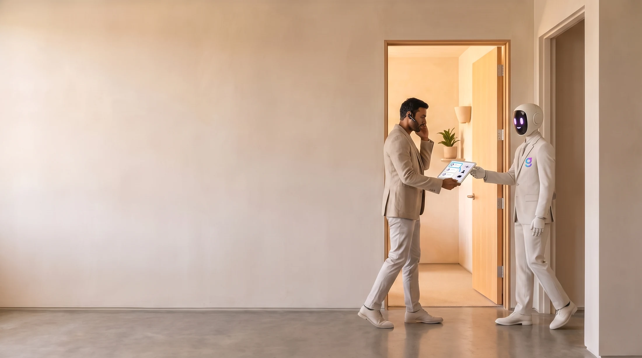 An account executive walking into a live call while a graph8 agent hands across a tablet showing ranked deals and the evidence behind the top one.
