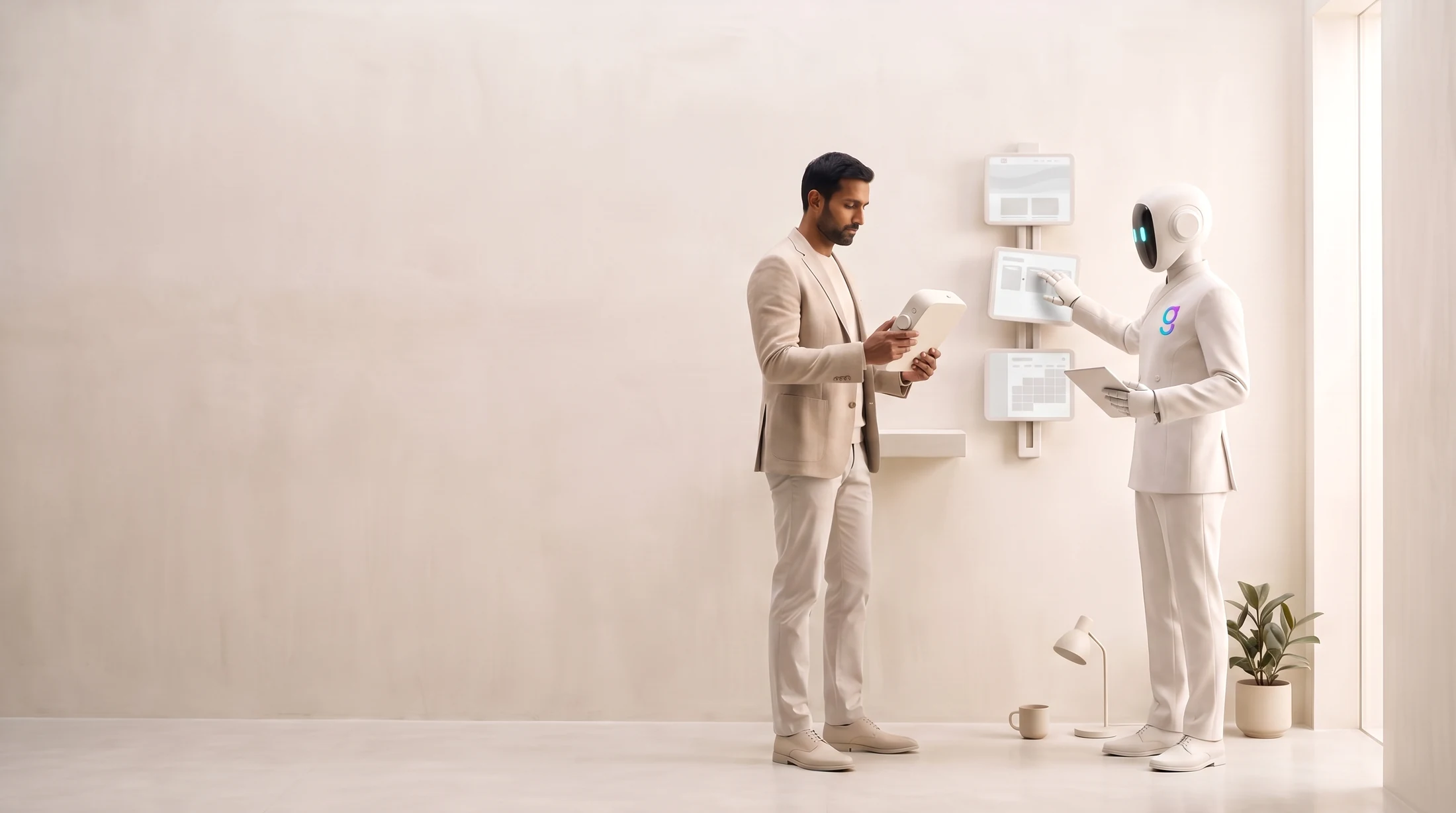 A founder examining a hardware prototype while a graph8 agent connects the landing page, pipeline and booked-calendar modules on the launch rail beside them.