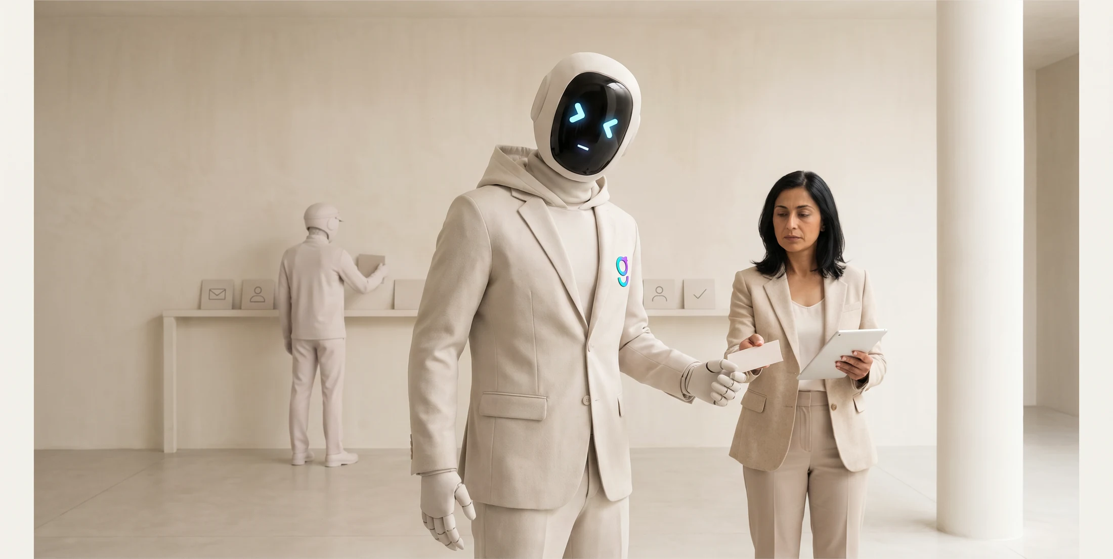 A founder taking a card from one graph8 agent while a second agent carries out the work she approved on the rail behind them.