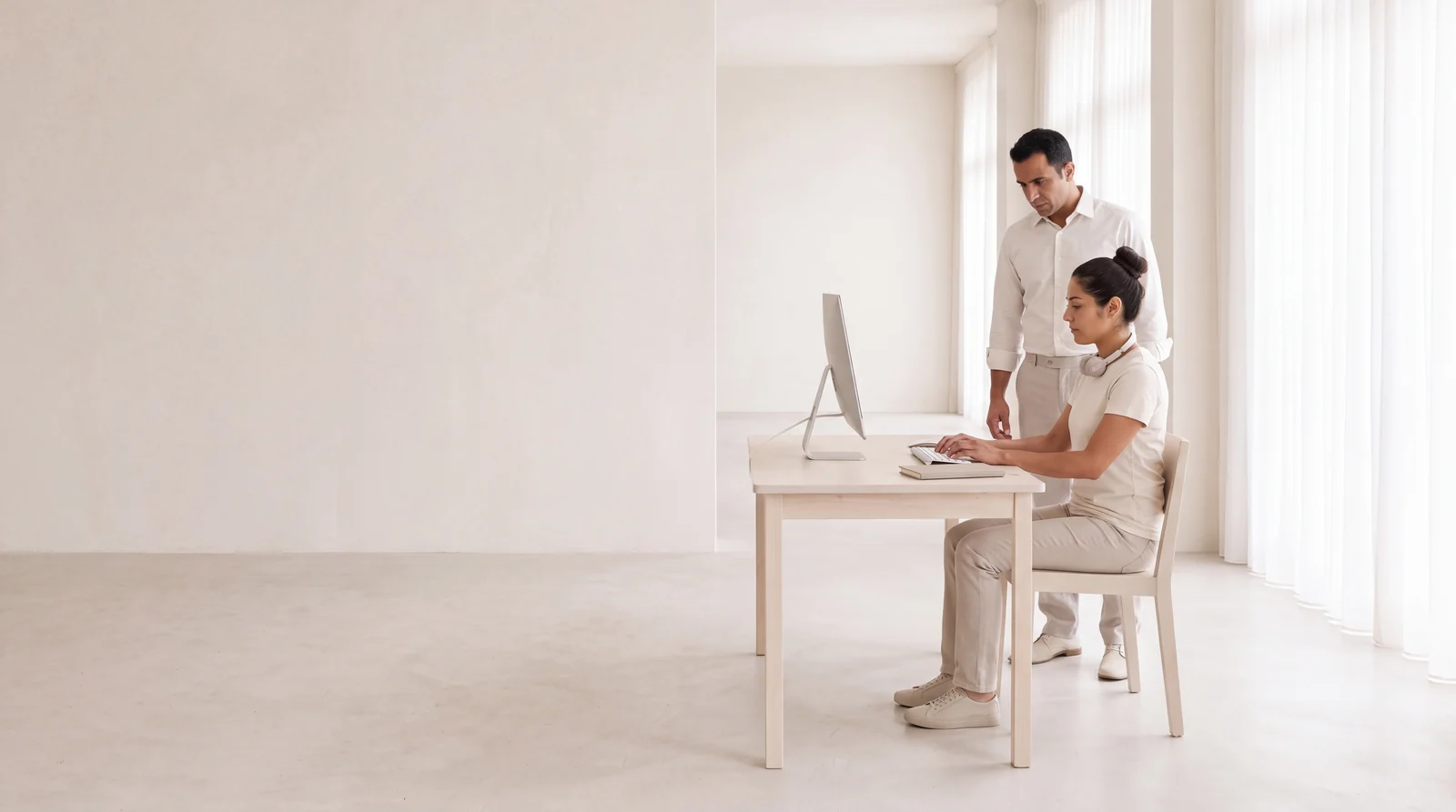 A sales rep working at their desk with both hands on the keyboard, and an engineer standing at their shoulder, watching rather than typing.