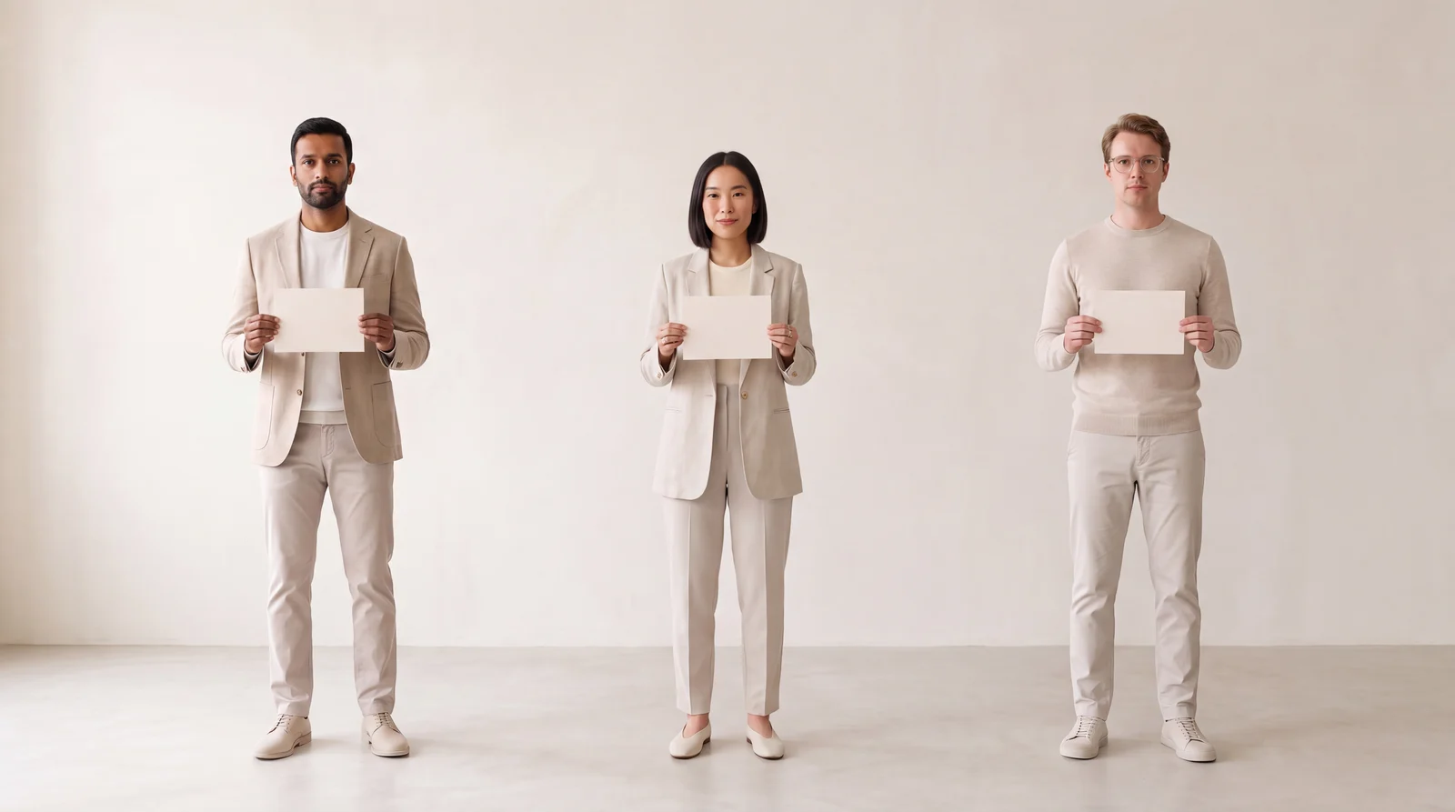 Three people standing in a row in the same room, in identical poses, each holding an identical blank card. Only the person differs.